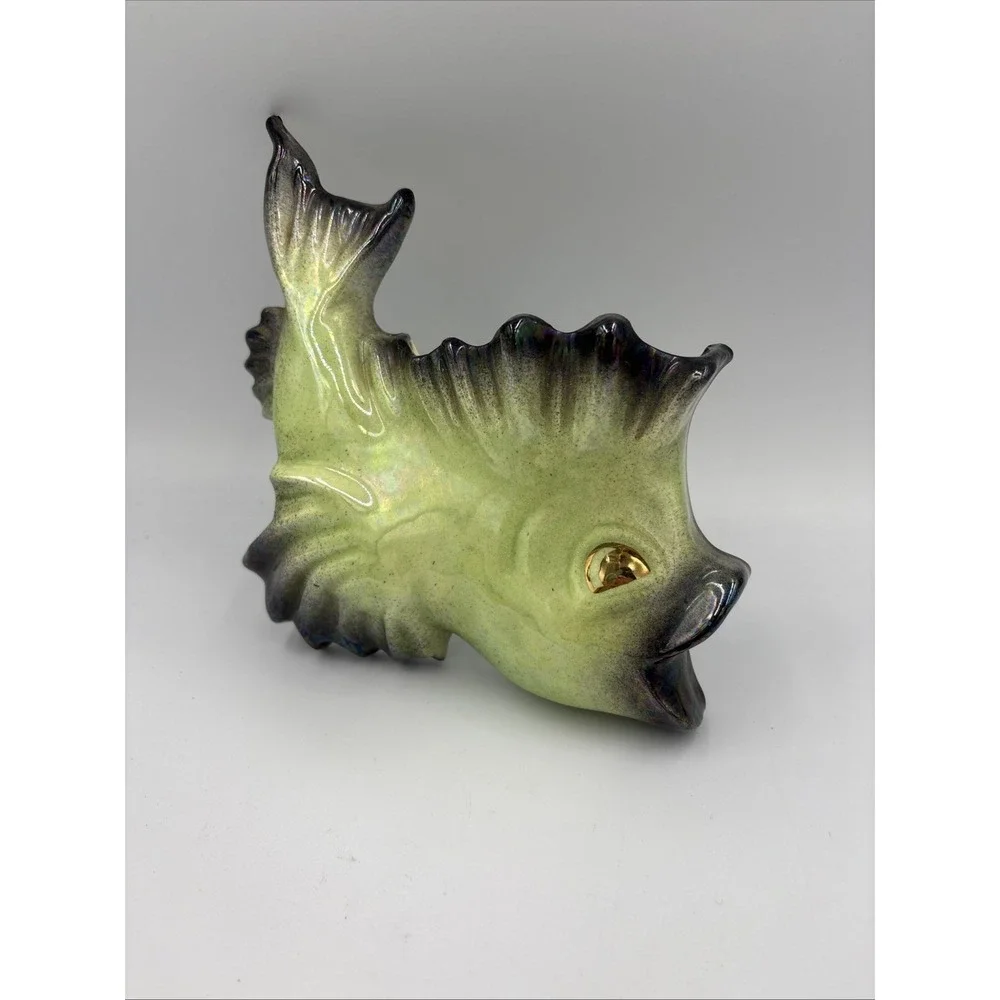 Vintage Ceramic Fish Wall Pocket Planter Green‎ Pink Brown Mid Century